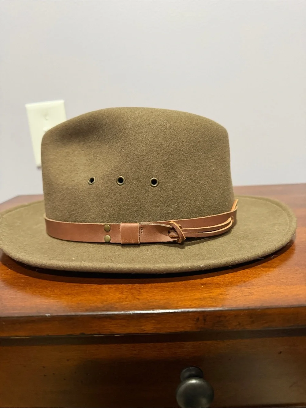 Vintage Olive Wool Felt Fedora with Brown Leather Band